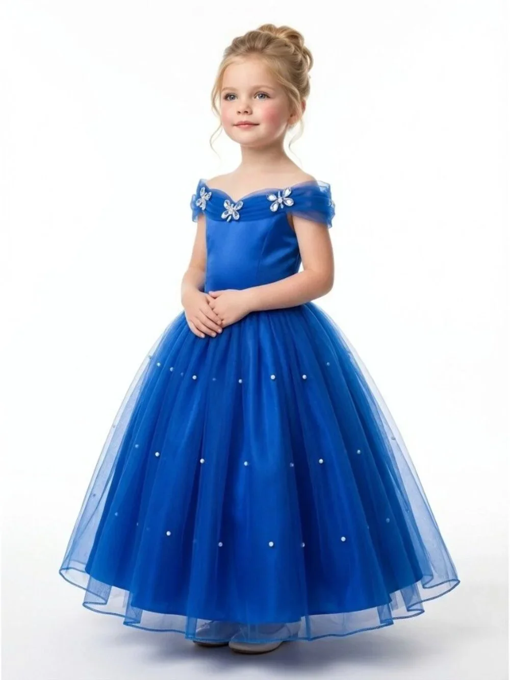Girls Royal Blue Party Dress with Pearl Tulle Skirt
